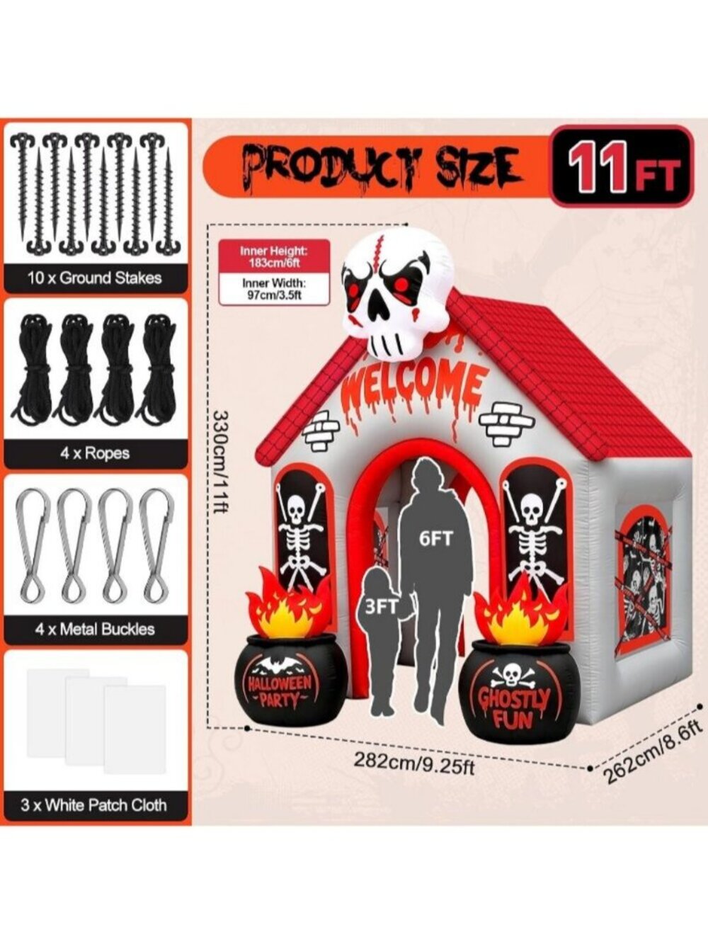 12FT Halloween Skeleton Arch Inflatables Archway Ghost Red Black Skeleton House - Picture 2 of 7